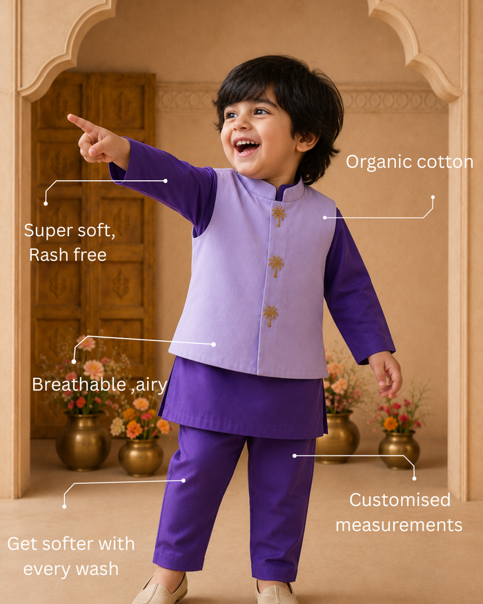 Purple Palm-Motif Waistcoat Set (Lilac Waistcoat)