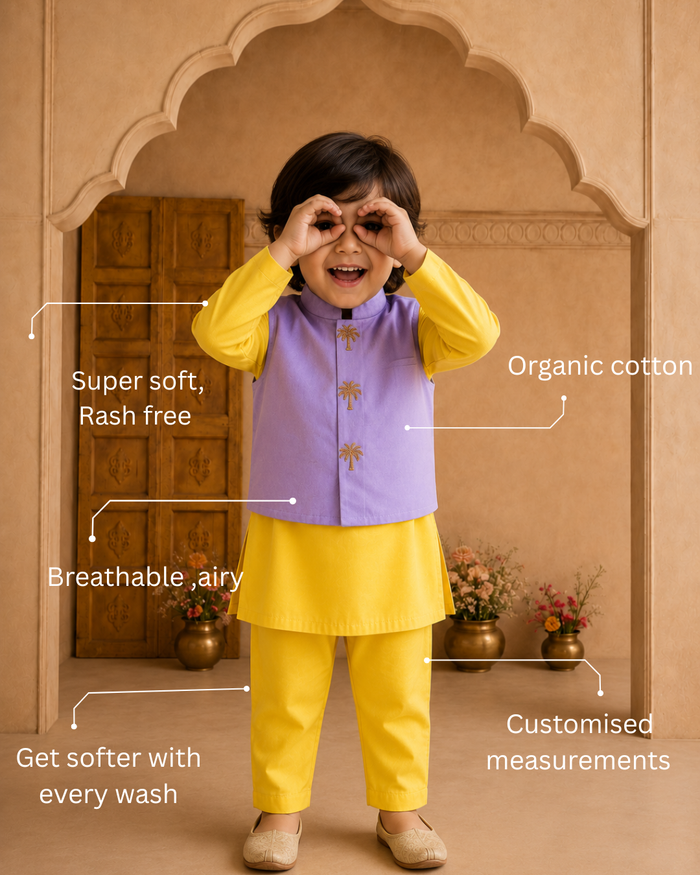 Yellow Palm-Motif Waistcoat Set (Lilac Waistcoat)
