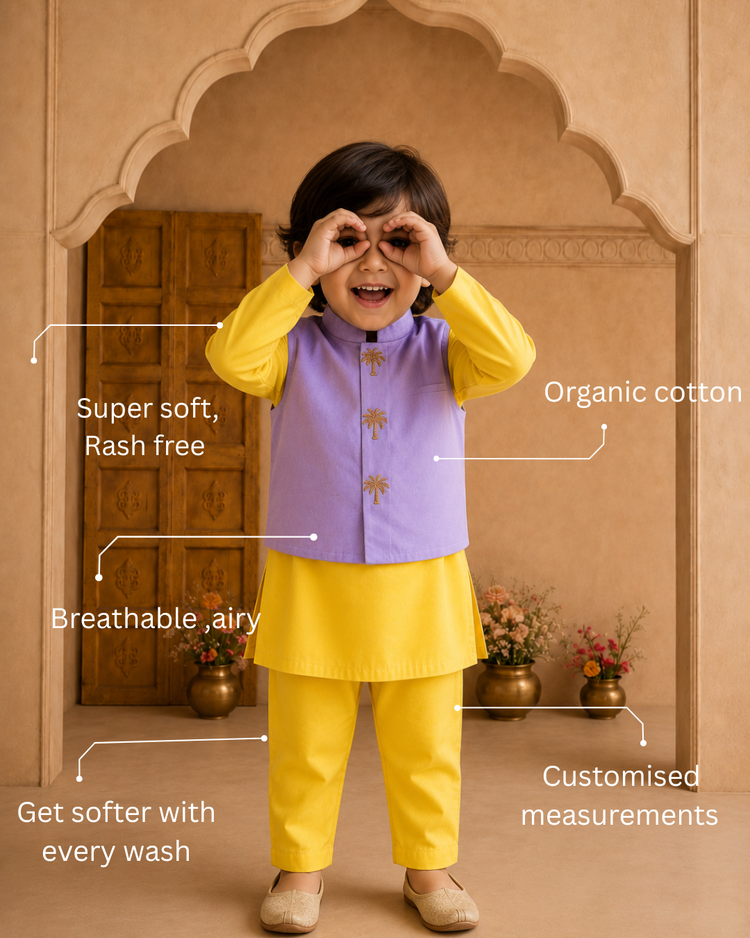 Yellow Palm-Motif Waistcoat Set (Lilac Waistcoat)