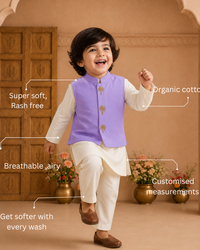 Cream Palm-Motif Waistcoat Set (Lilac Waistcoat)