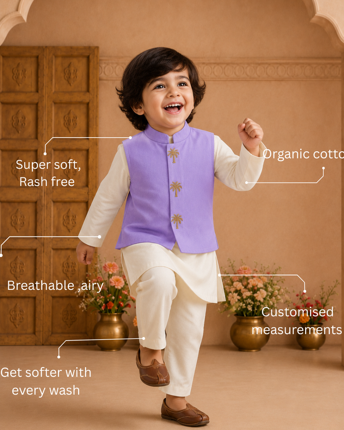 Cream Palm-Motif Waistcoat Set (Lilac Waistcoat)