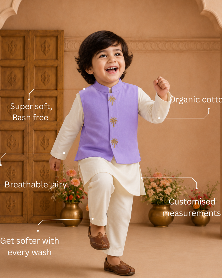 Cream Palm-Motif Waistcoat Set (Lilac Waistcoat)