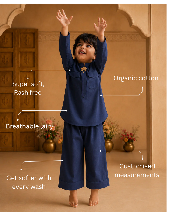 Navy Palm-Motif Kurta Set