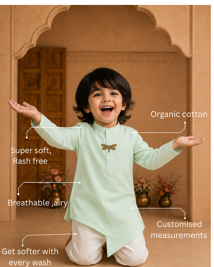 Mint Dragonfly-Motif Asymmetrical Kurta