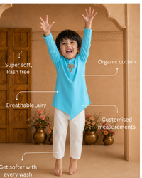 Turquoise Palm-Motif Asymmetrical Kurta