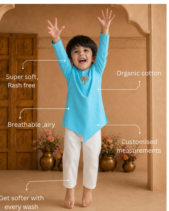Turquoise Palm-Motif Asymmetrical Kurta