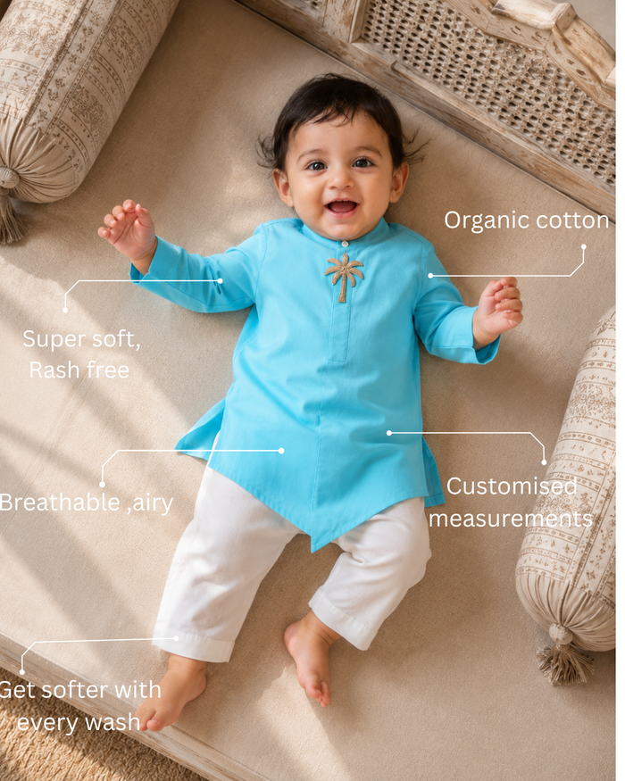 Turquoise Palm-Motif Asymmetrical Kurta Set
