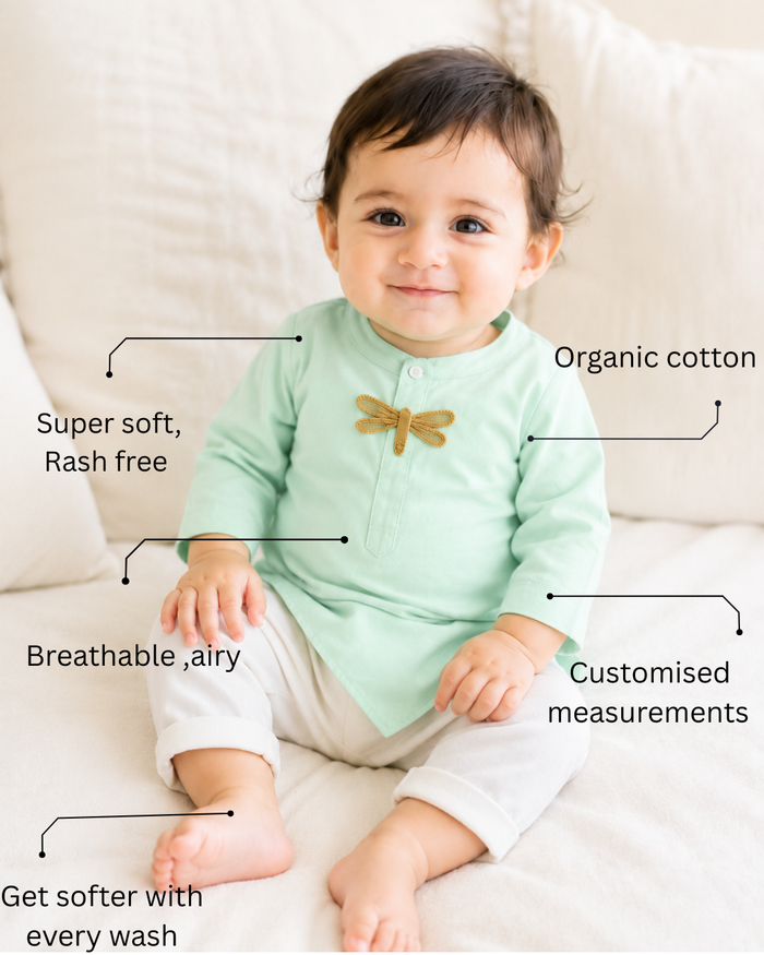 Mint Dragonfly-Motif Asymmetrical Kurta Set