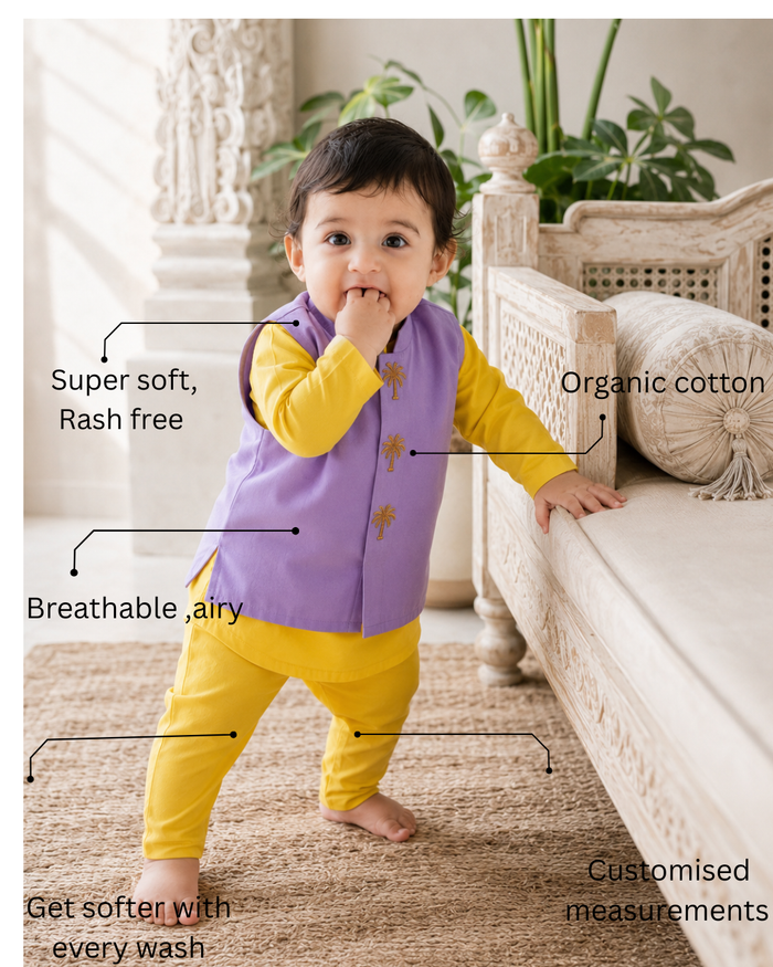 Yellow Palm Motif Waistcoat Kurta Set