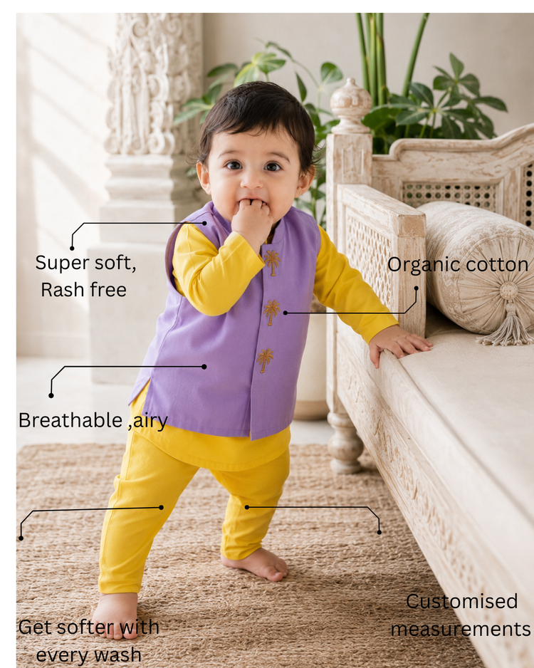 Yellow Palm Motif Waistcoat Kurta Set
