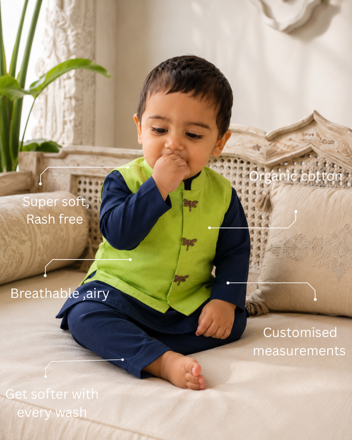 Navy Dragonfly Motif Waistcoat Kurta Set