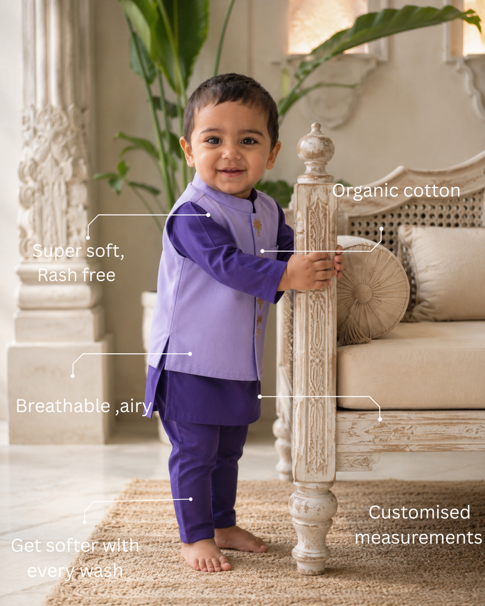 Purple Palm-Motif Waistcoat Kurta Set