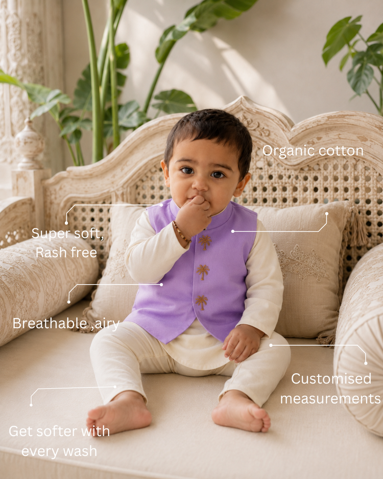 Cream Palm-Motif Waistcoat Kurta Set
