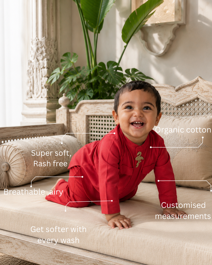 Red Flamingo-Motif Oversized Kurta Set