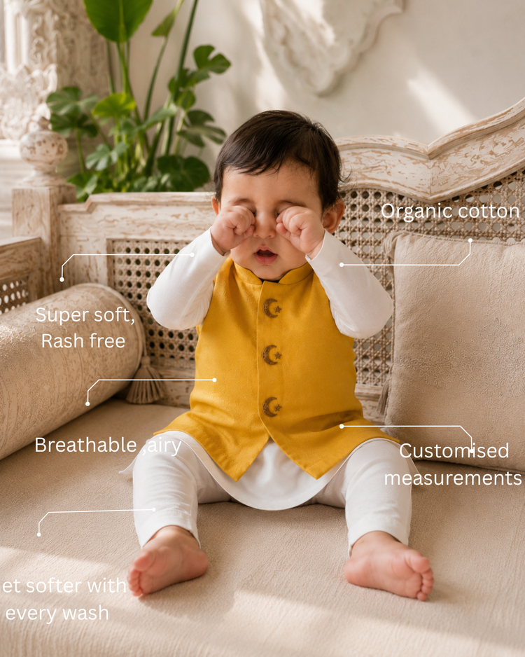 Cream Moon-Star Motif Waistcoat Kurta Set (Yellow Waistcoat)