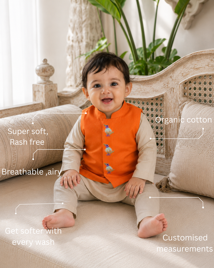 Cream Bird Motif Waistcoat Kurta Set