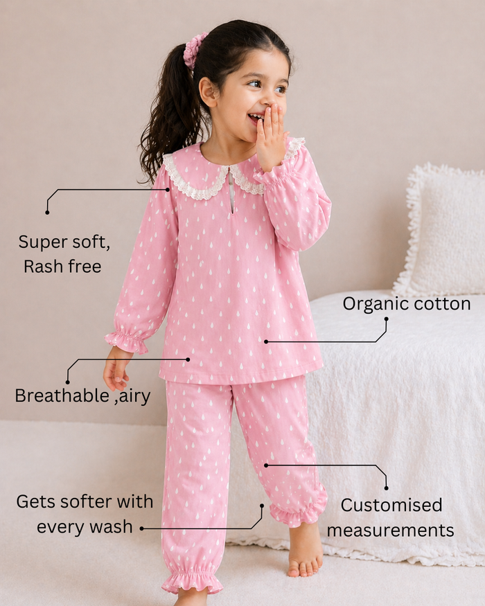 Pink and white Raindrops Night Suit