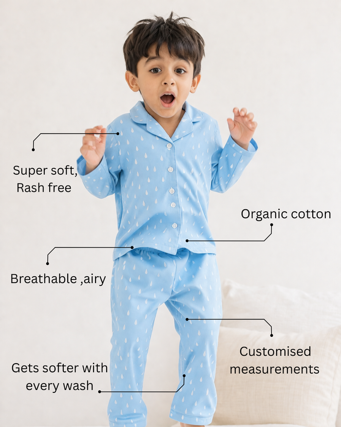 Blue and white Raindrops Night Suit