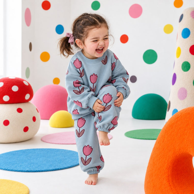 Teal Flowers Jogger Set on girl by Anaario – winter kidswear