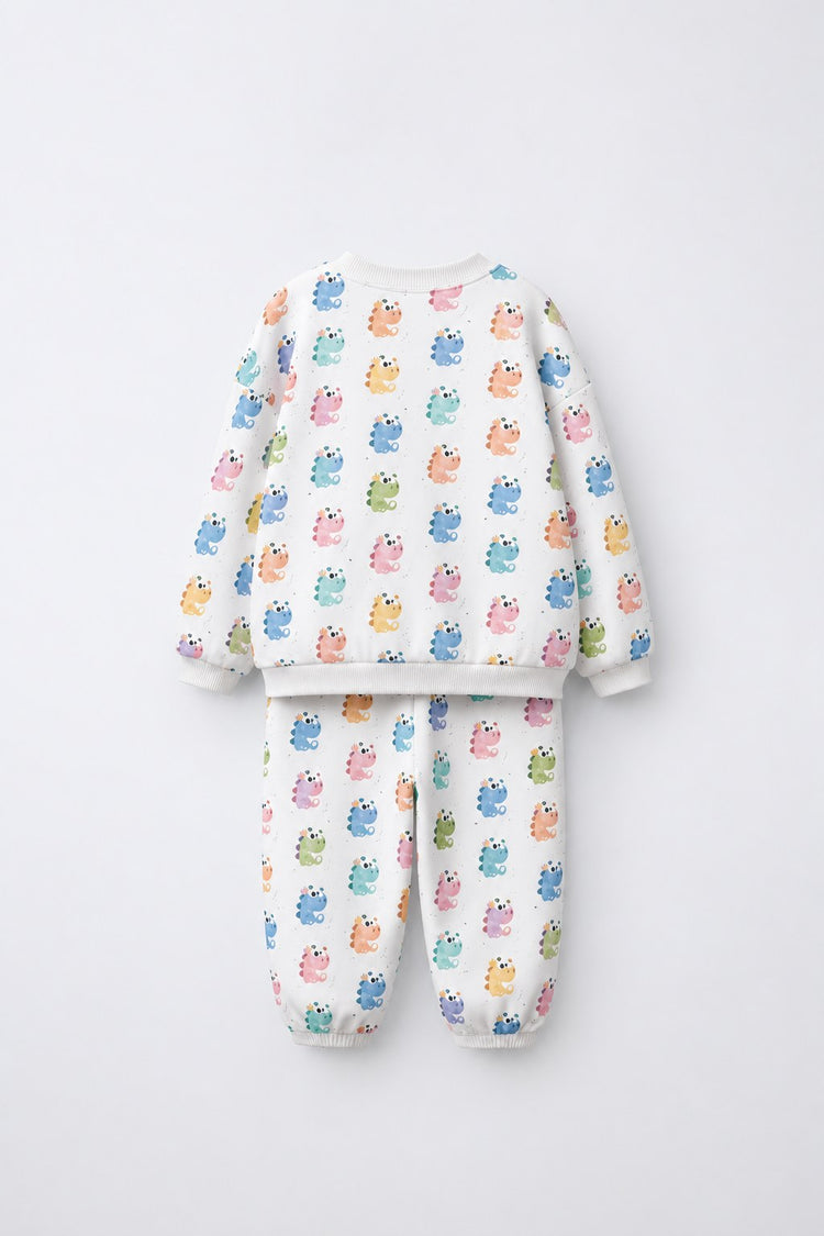 Multi Pastel Dinosaur Barrel Pant Set flat lay by Anaario