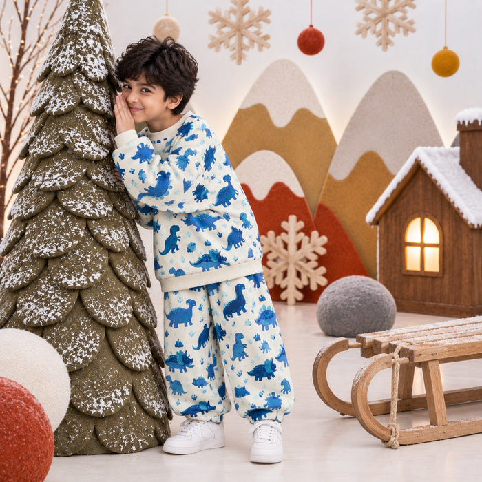 Blue Dinosaur Jogger Set on boy by Anaario – winter kidswear