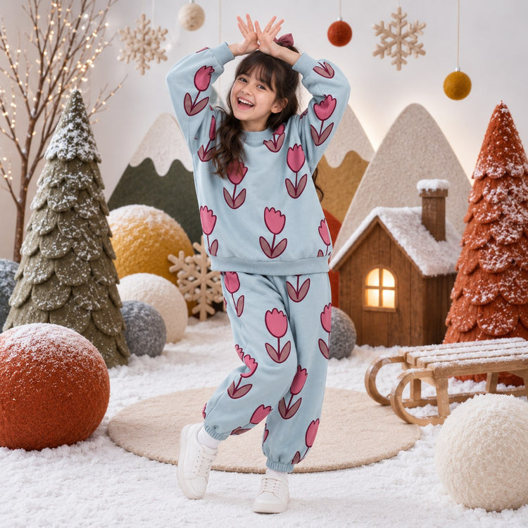 Teal Flowers Jogger Set on girl by Anaario – winter kidswear