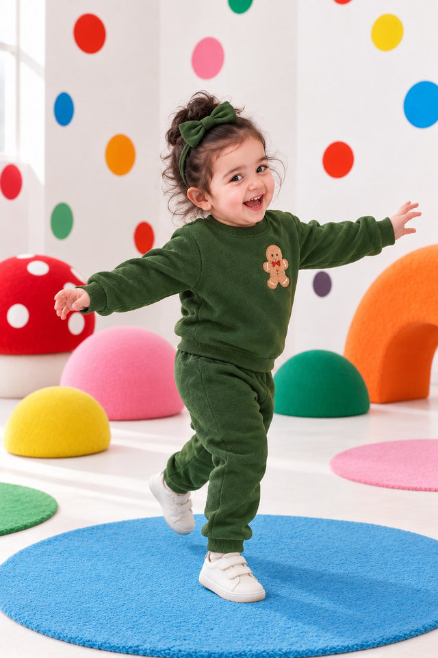 Olive Green Gingerbread Fleece Set for kids by Anaario – winter fleecewear