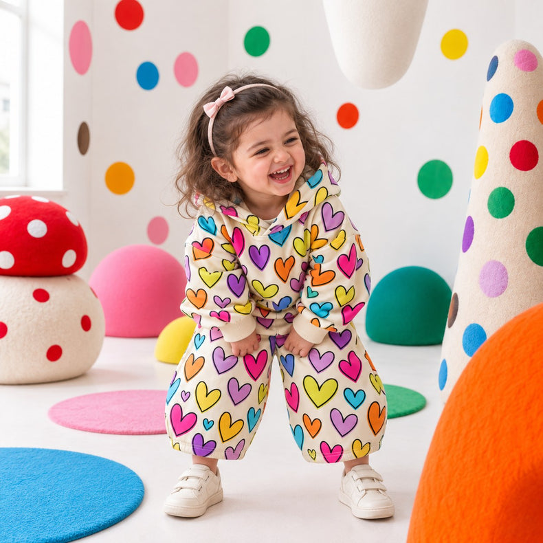 Multi Hearts Hooded Barrel Pant Set on girl by Anaario – winter kidswear