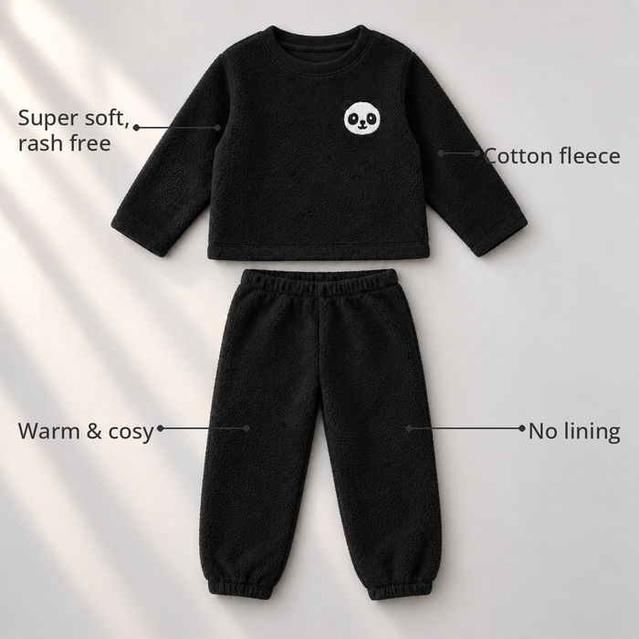 Black Panda Fleece Set feature highlights by Anaario – super soft, warm cotton fleece, no lining