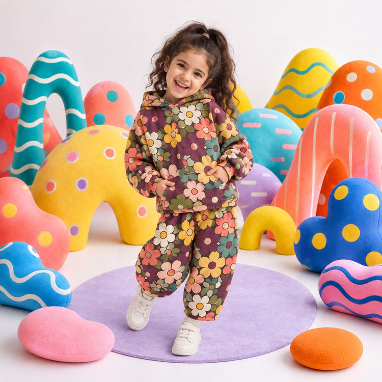 Brown Flowers Hooded Barrel Pant Set on girl by Anaario – winter kidswear