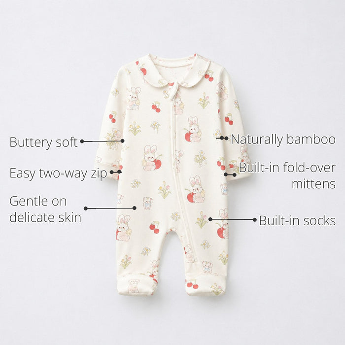 Cherry & Bunny Bamboo Baby Sleepsuit – Zip Romper Onesie features