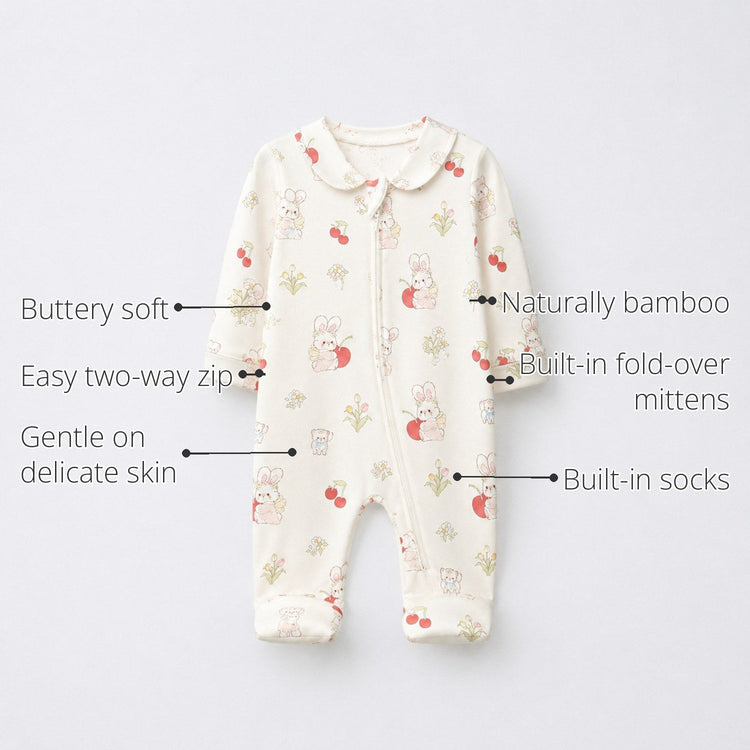 Cherry & Bunny Bamboo Baby Sleepsuit – Zip Romper Onesie features