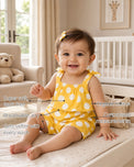 Yellow White Polka Dot Tie-Shoulder Baby Romper features