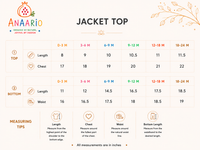 Anaario baby girl jacket lehenga set size chart in inches, 0-3 months to 18-24 months