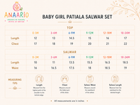 Anaario baby girl patiala salwar set size chart in inches, 0-3 months to 18-24 months