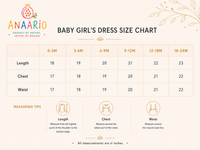 Anaario baby girl's dress size chart in inches showing dress length, chest and waist for 0-3 months to 18-24 months