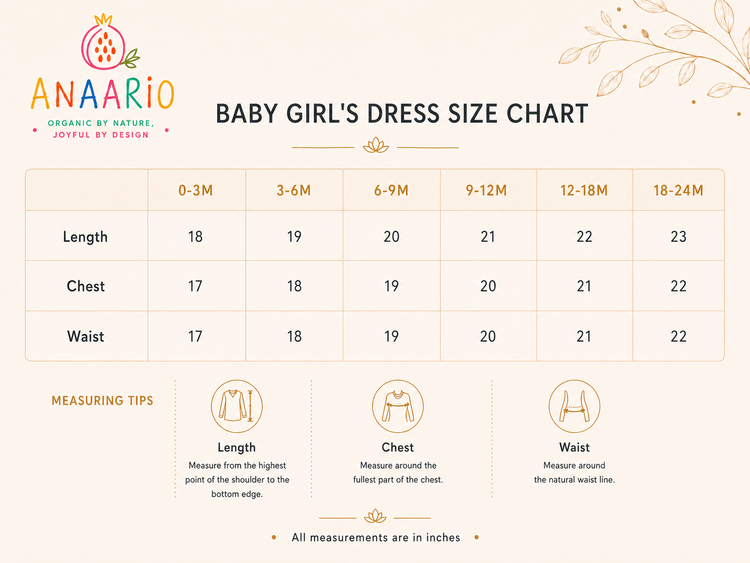 Anaario baby girl's dress size chart in inches showing dress length, chest and waist for 0-3 months to 18-24 months