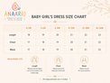 Anaario baby girl's dress size chart in inches showing dress length, chest and waist for 0-3 months to 18-24 months