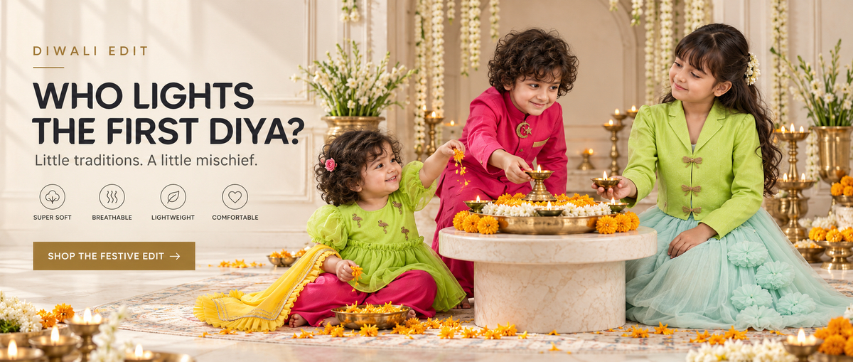 Anaario Diwali Edit banner - kids festive wear, who lights the first diya