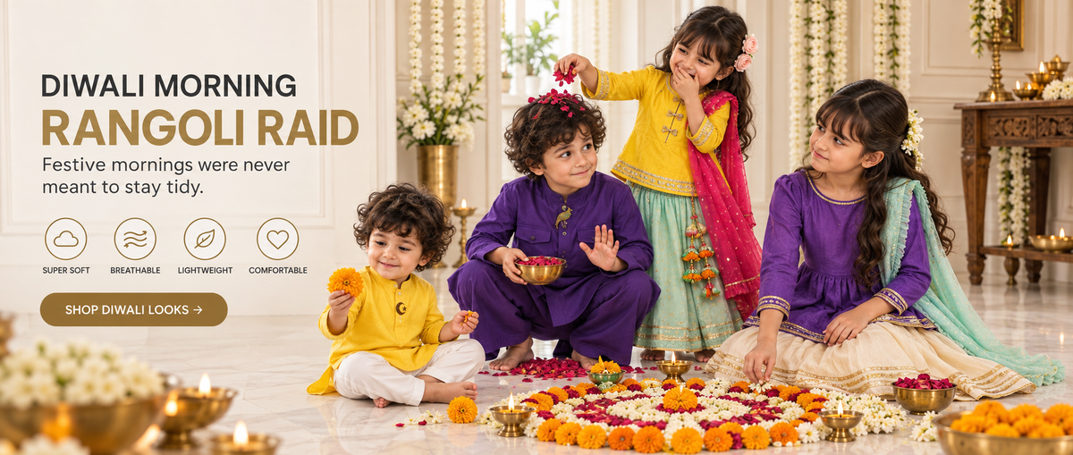 Anaario Diwali Morning banner - kids festive wear, Rangoli Raid