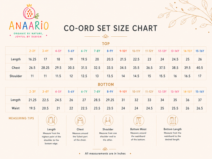 Anaario co-ord set size chart in inches