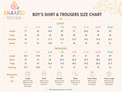 Anaario boys' shirt and trousers co-ord set size chart in inches showing shirt and trouser measurements by age