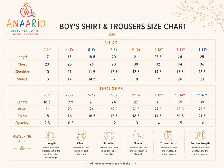 Anaario boys' shirt and trousers co-ord set size chart in inches showing shirt and trouser measurements by age