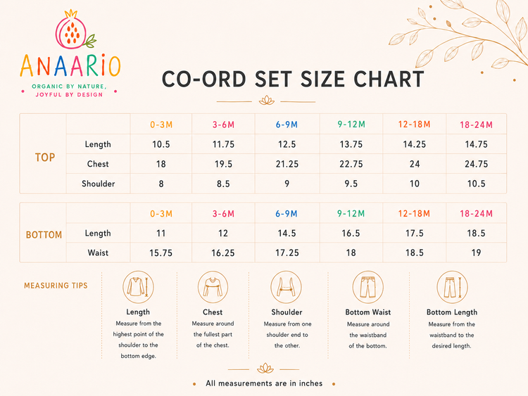 Anaario co-ord set size chart in inches