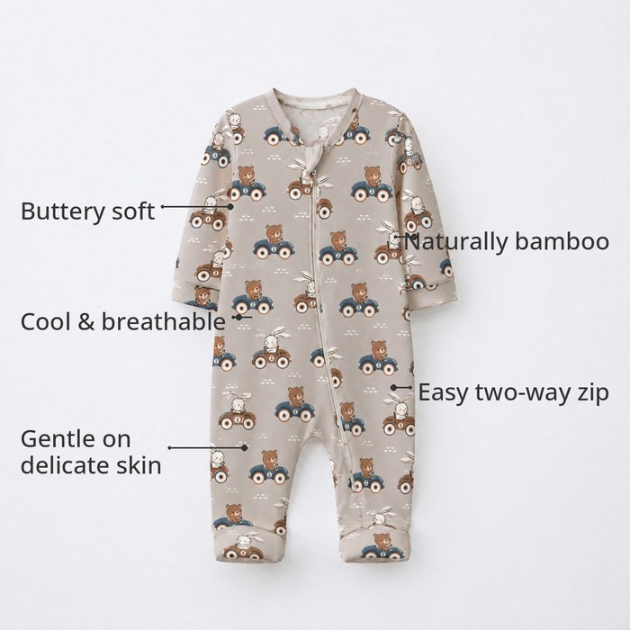 Animals on Wheels Bamboo Baby Sleepsuit – Zip Romper Onesie Combo – features