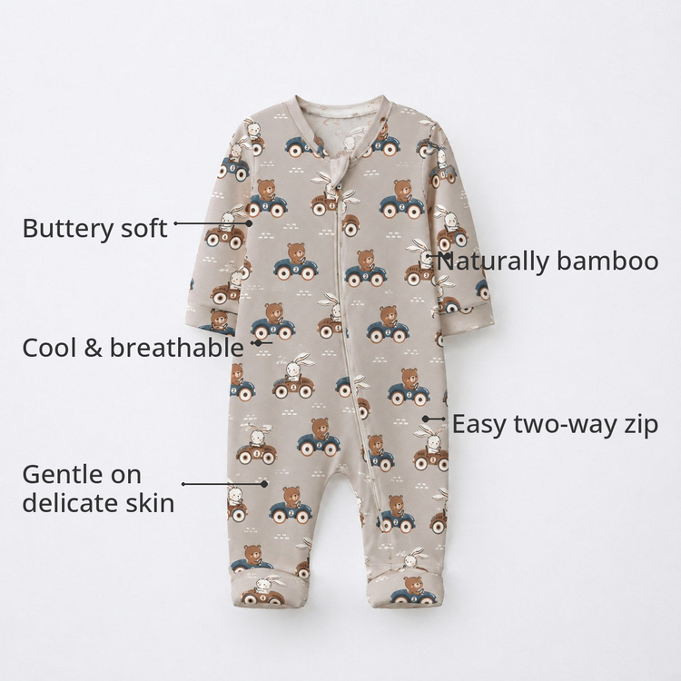 Animals on Wheels Bamboo Baby Sleepsuit – Zip Romper Onesie Combo – features