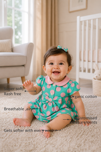 Anaario Aqua Pink Polka Dot Bow Romper features - organic cotton, super soft and rash free, breathable, gets softer with every wash, customised measurements