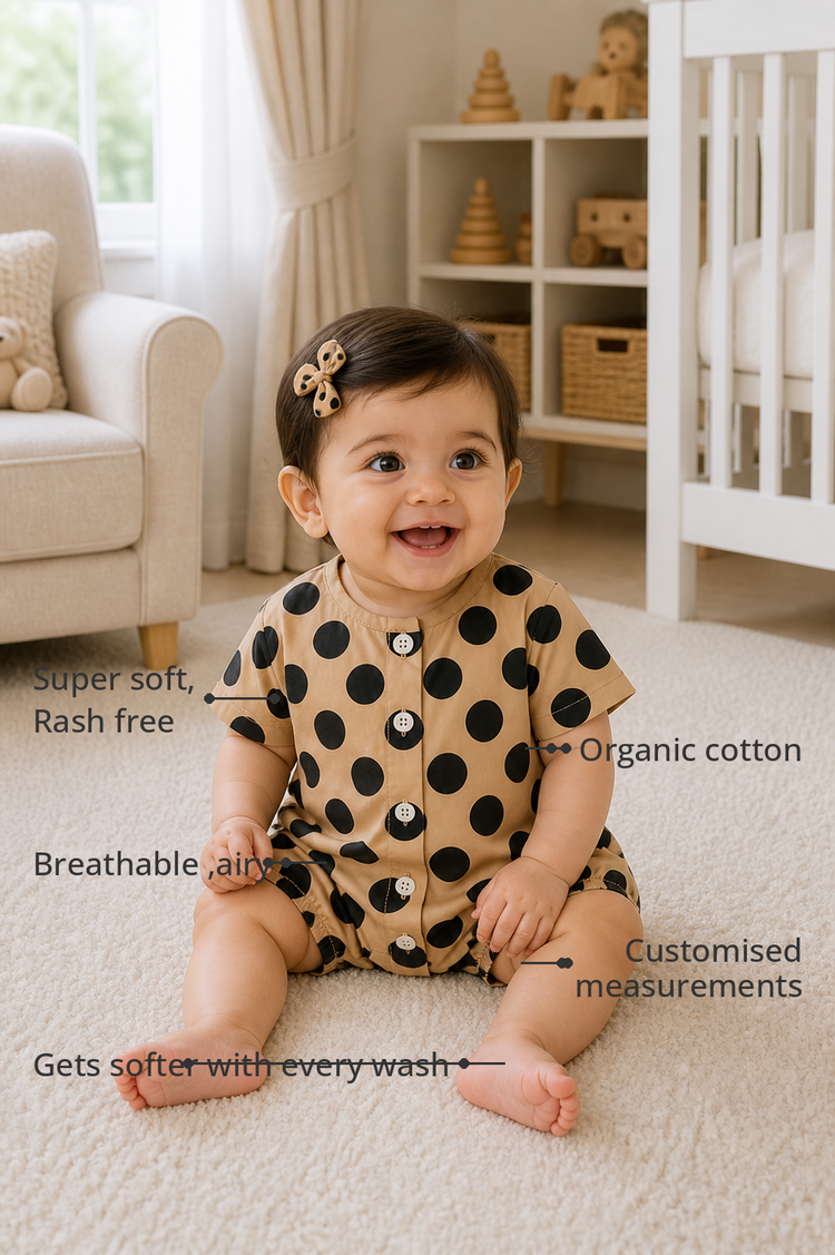 Anaario Beige Black Polka Dot Button Romper features - organic cotton, super soft and rash free, breathable, gets softer with every wash, customised measurements