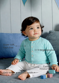 Anaario Blue-a-Boo Set features - organic cotton, super soft and rash free, breathable, gets softer with every wash, customised measurements