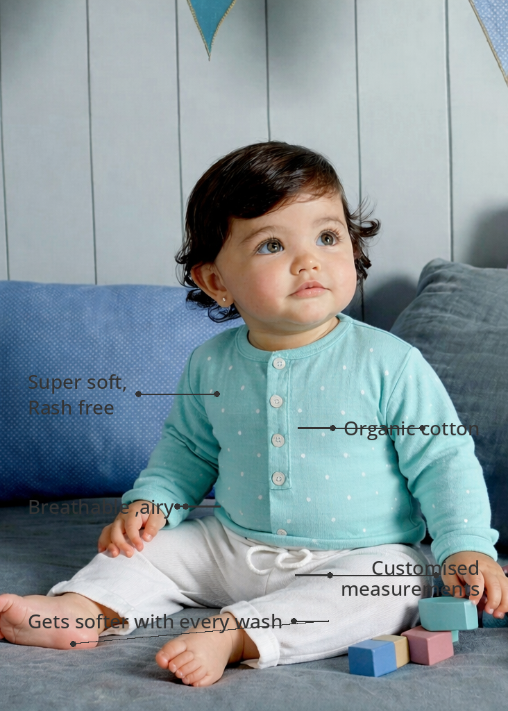Anaario Blue-a-Boo Set features - organic cotton, super soft and rash free, breathable, gets softer with every wash, customised measurements